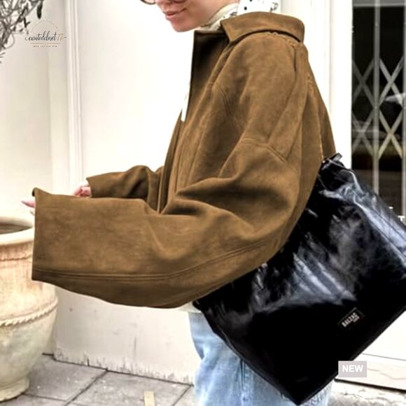 Oversized Faux Suede Bomber Jacket Long Sleeve Lapel Streetwear - Picture 2 of 7